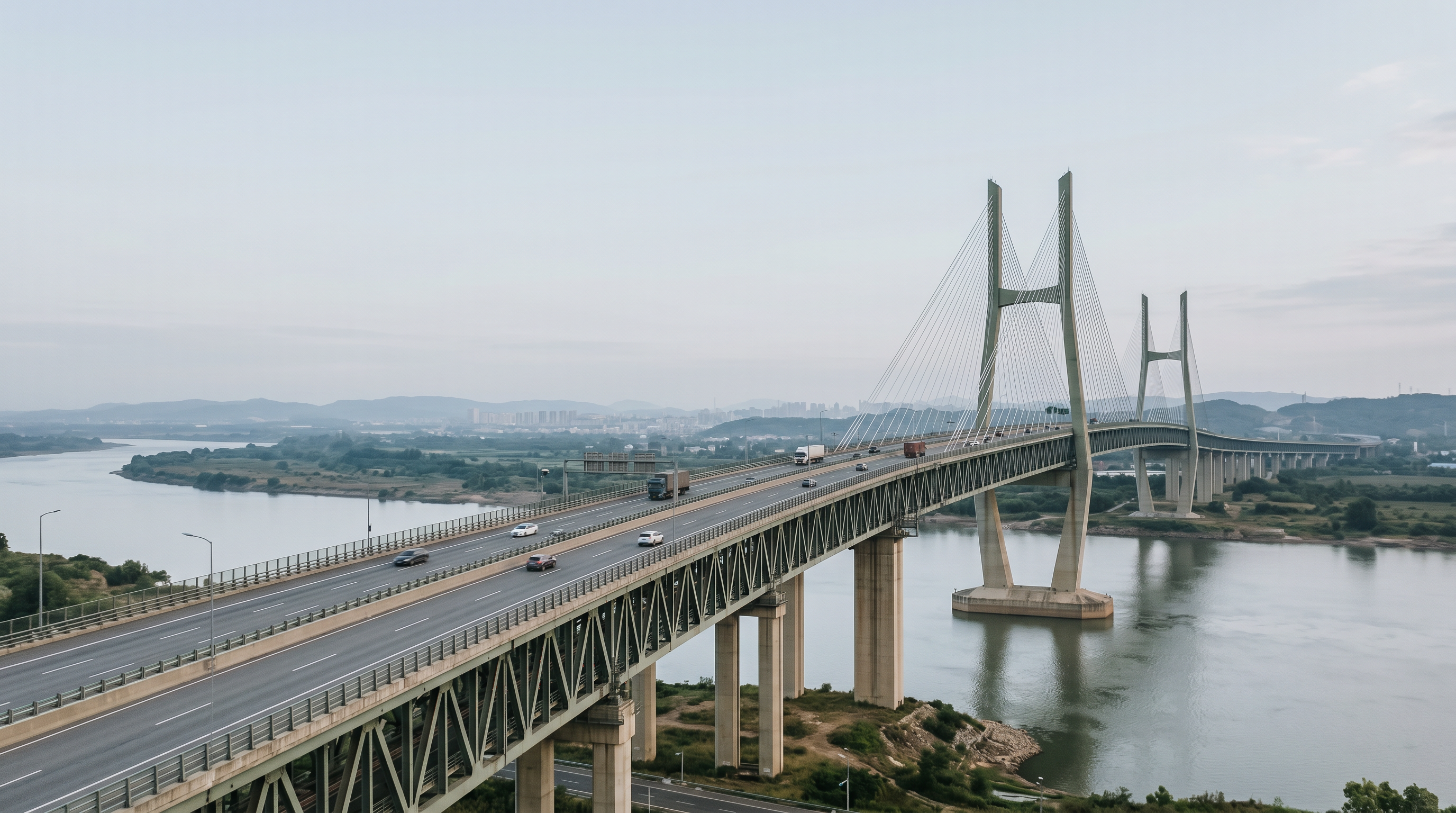 A long cable-stayed highway bridge carrying traffic across a wide river toward a distant city skyline.