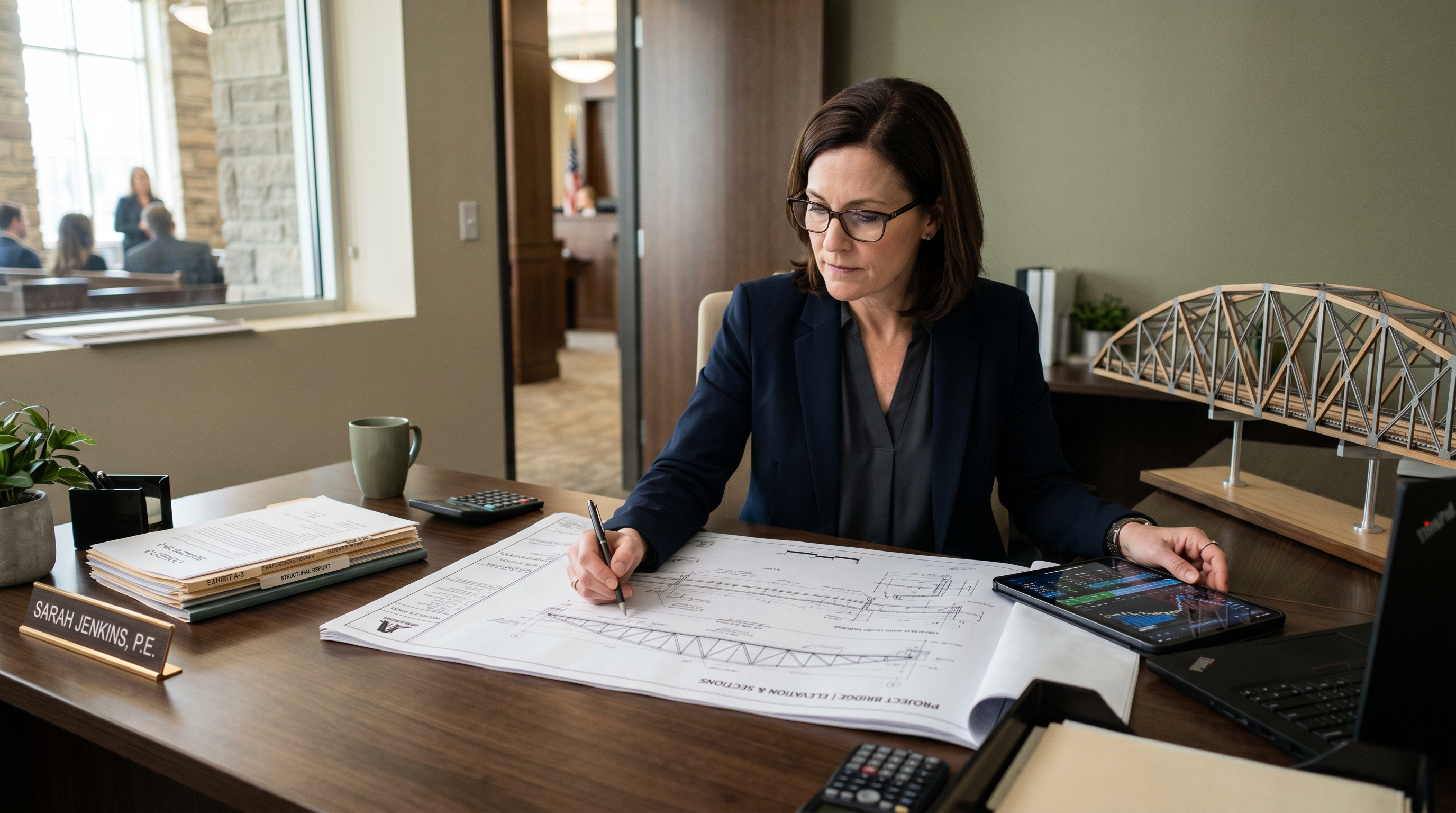 A licensed professional engineer reviews bridge elevation drawings at an office desk, with a steel truss bridge model beside her.