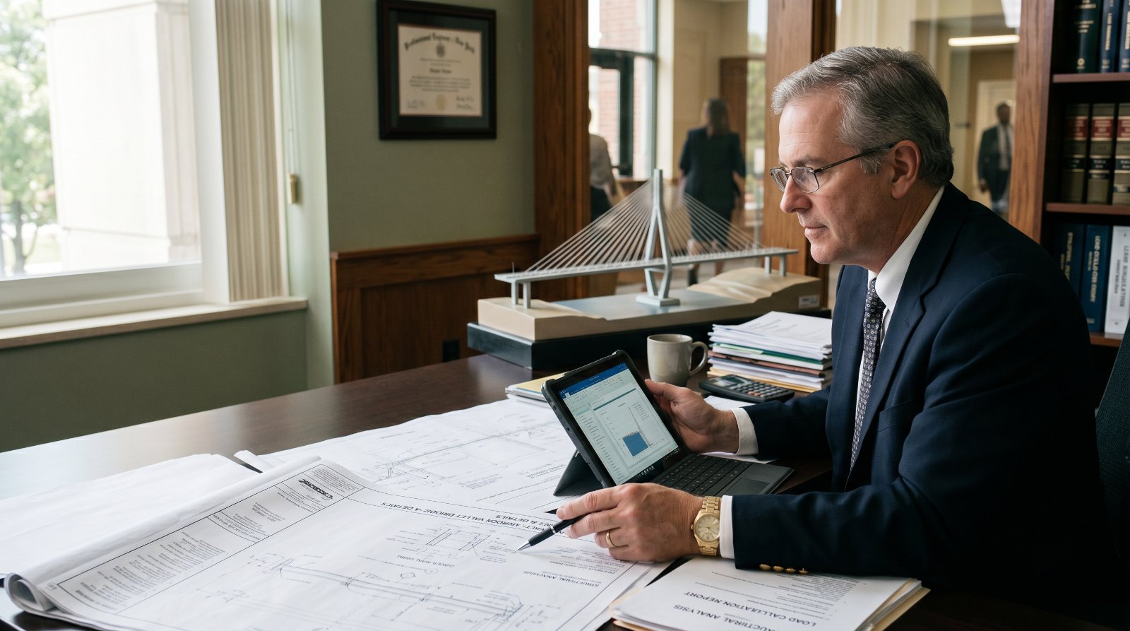 Ken Anthony, P.E., reviewing structural analysis on a tablet alongside bridge drawings and a cable-stayed bridge model in his office.